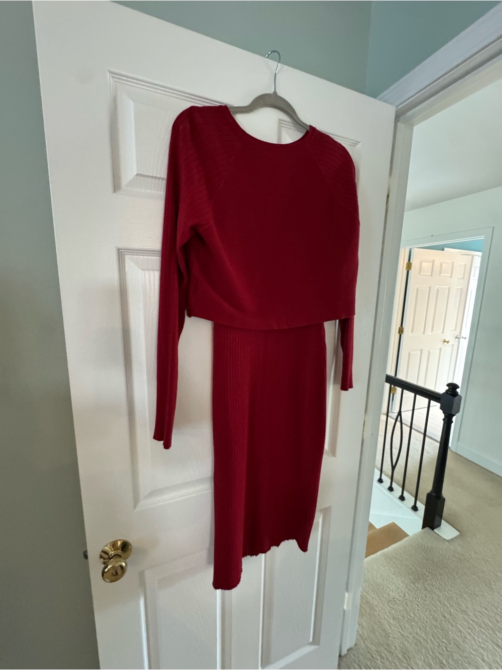 Women's Ribbed Red Two-Piece Dress Set